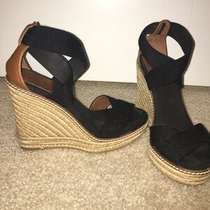 Tory Burch black espadrille sandal wedge heels